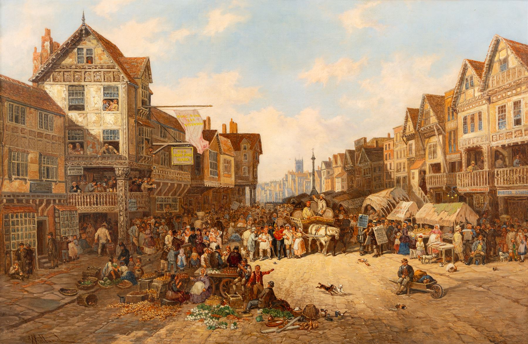 John Holland Snr. (British c1830-1886): 'Watergate - Chester', oil on canvas signed, titled on plaque 43cm x 67cm 
Notes: Likely painted c1870-1872, indicated by a sandwich-board man advertising a 'Panorama of the war between France and Prussia' - a popular form of traveling entertainment in Victorian Britain.