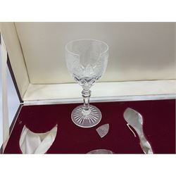 Etched glass decanter with silver collar, Birmingham 1898 and six suite of etched wine glasses, in presentation case