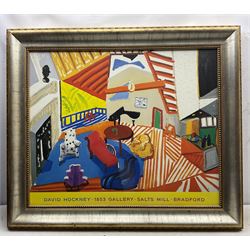 After David Hockney (British 1937-): 'Montcalm Interior at Seven O'Clock', exhibition poster for Salts Mill, Bradford pub. 1853, 67cm x 82cm 