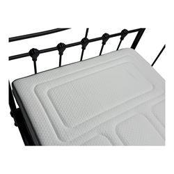 Contemporary Victorian revival black metal day bed, featuring arched back and sides with turned finials and spindle rails, complete with single 'OTTO' mattress