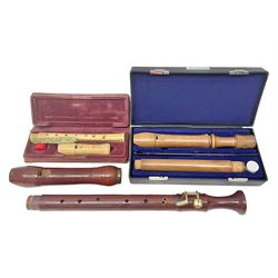 Three wooden recorders - 1970s Schotts 'Concert' three-piece tenor; 1990s Dolmetsch treble, cased; and 1980s Moech descant, cased (3)