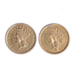 Two United States of America 'Indian Head' gold one dollar coins, 1857 and 1873