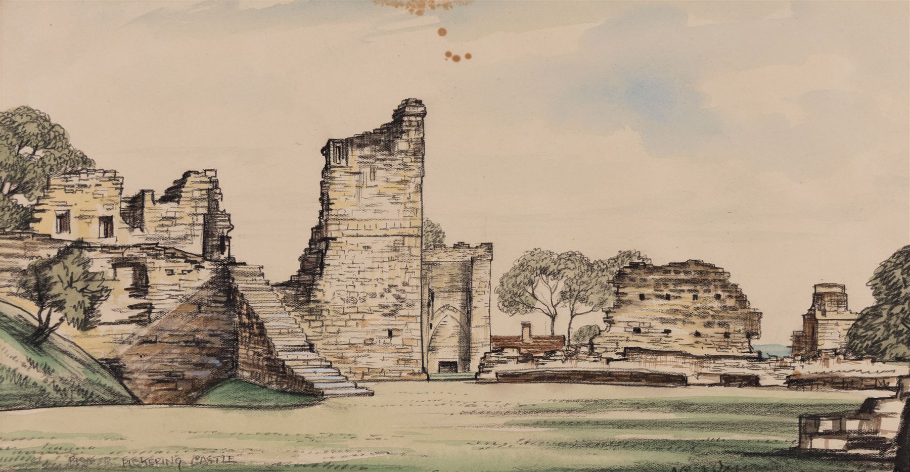 Joseph Ridley Ratcliffe McCulloch RBA (British 1893-1961): Collection of locations across North Yorkshire including 'Scarboro' Castle' and 'Whitby', five mixed media signed dated and titled max 19.5cm x 31.5cm (5) (unframed)