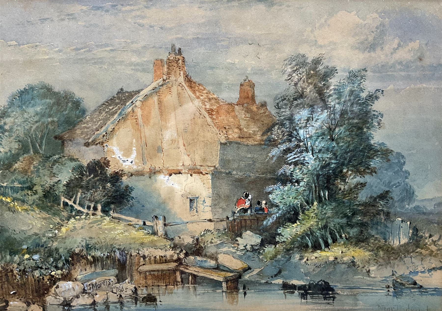 J Morris (British 19th century): Cottage by the River, watercolour signed and dated 1865; FG Hewitt (British 19th century): Figure Walking Down Country Road, watercolour signed and dated 1897 max 25cm x 34cm (2)