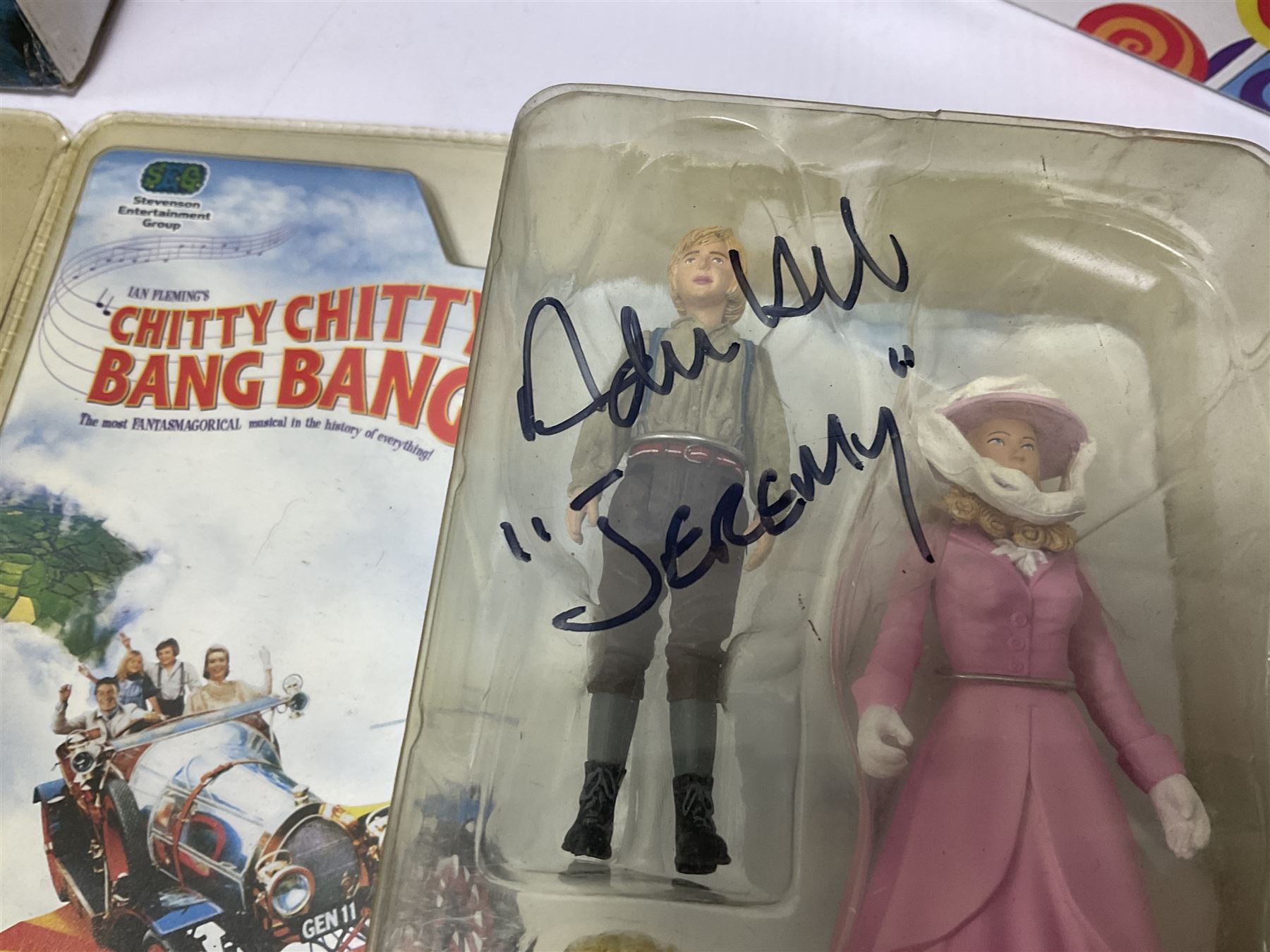 Collection of Chitty Chitty Bang Bang figures and model cars both loose and boxed, to include ‘Truly Scrumptious and Jeremy’ blister pack signed by Adrian Hall