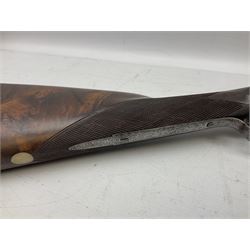 19th century John Jefferson of Scarborough 6-bore (modern 4-bore) double barrel side-by-side percussion gun, with 81cm stub twist damascus barrels (no provision for ramrod), well figured walnut stock with fine chequered grip and fore-end with horn tip and steel butt plate with long tang, well engraved lock and hammers with half-cock safeties on both sides, barrel sling swivel but rear sling swivel removed and replaced with silver escutcheon, London proofmarks, NVN, L128cm