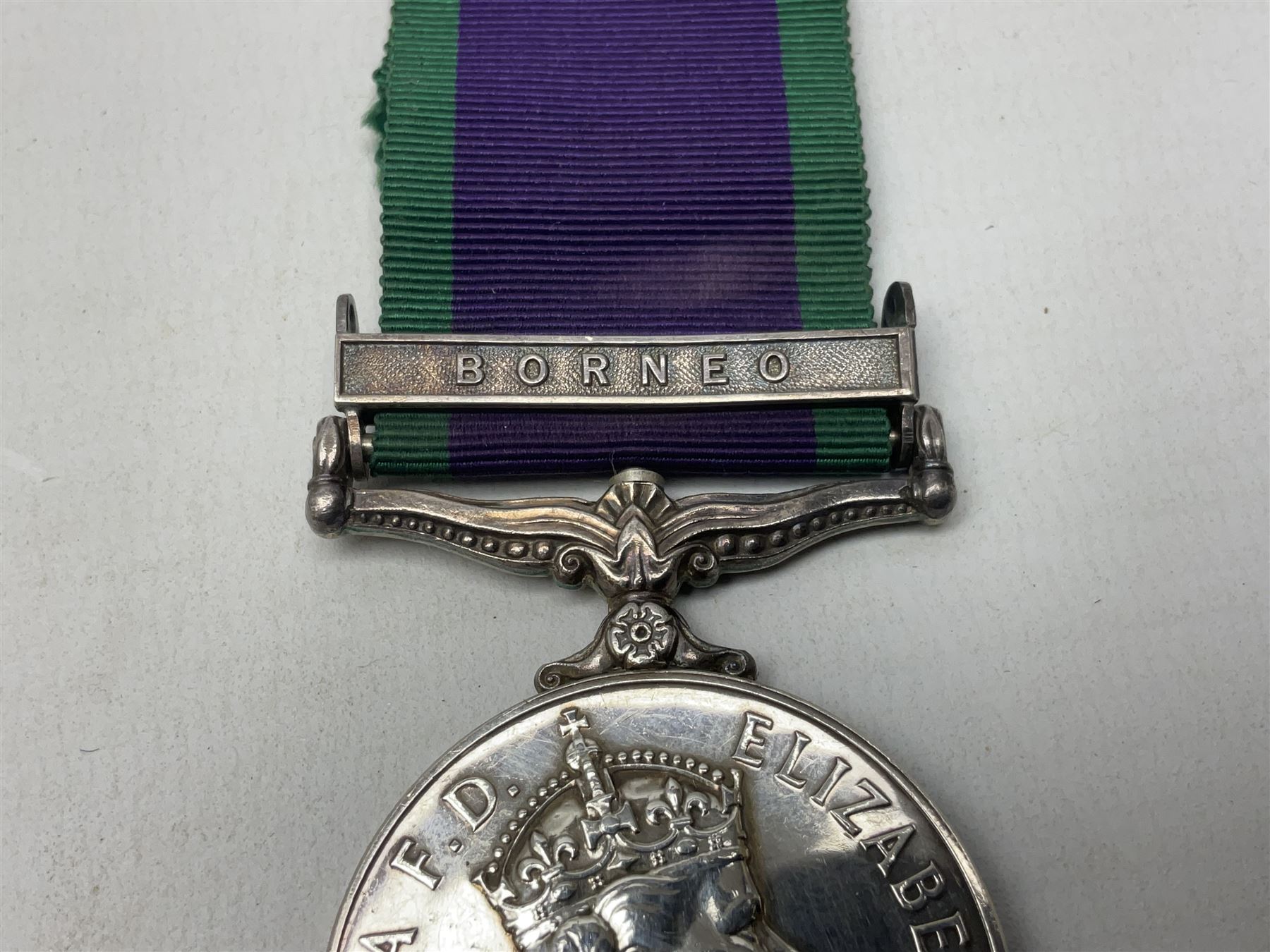 Elizabeth II General Service Medal with Borneo clasp awarded to 23919414 Pte. J.N. McKenna RAOC; with ribbon