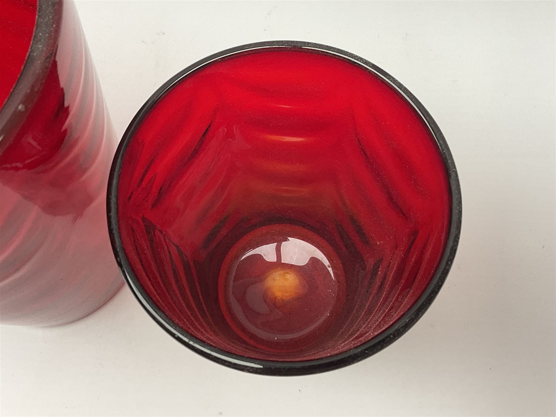 Marriott Powell for Whitefriars, Optic Wave red glass bucket vase, together with similar smaller example, tallest H20cm