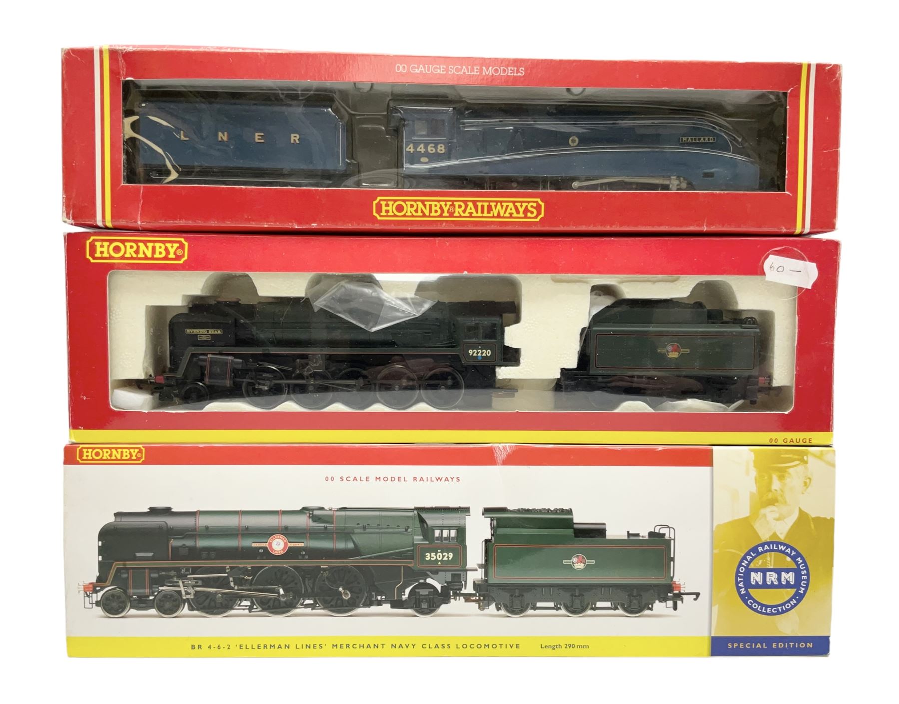 Hornby '00' gauge - NRM Collection Merchant Navy Class 4-6-2 locomotive 'Ellerman Lines' No.35029; boxed with slip case; LNER Class A4 4-6-2 locomotive 'Mallard' No.4468; boxed; and Class 9F 2-10-0 locomotive 'Evening Star' No.92220; boxed (3)