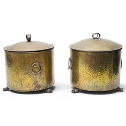 Pair of 19th century brass coal buckets, twin carrying handles and with liners, on scroll ...