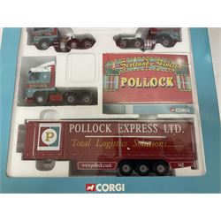 Corgi - two limited edition 1:50 scale heavy haulage vehicle sets comprising CC99129 Norfolk Line with DAF XF Super Space Cab, Curtainside Trailer, Fridge Trailer and History Booklet; and CC99130 Pollock (Scotrans) Ltd. Musselburgh with three fleet tractor units, curtainside trailer and History Booklet; both boxed (2)