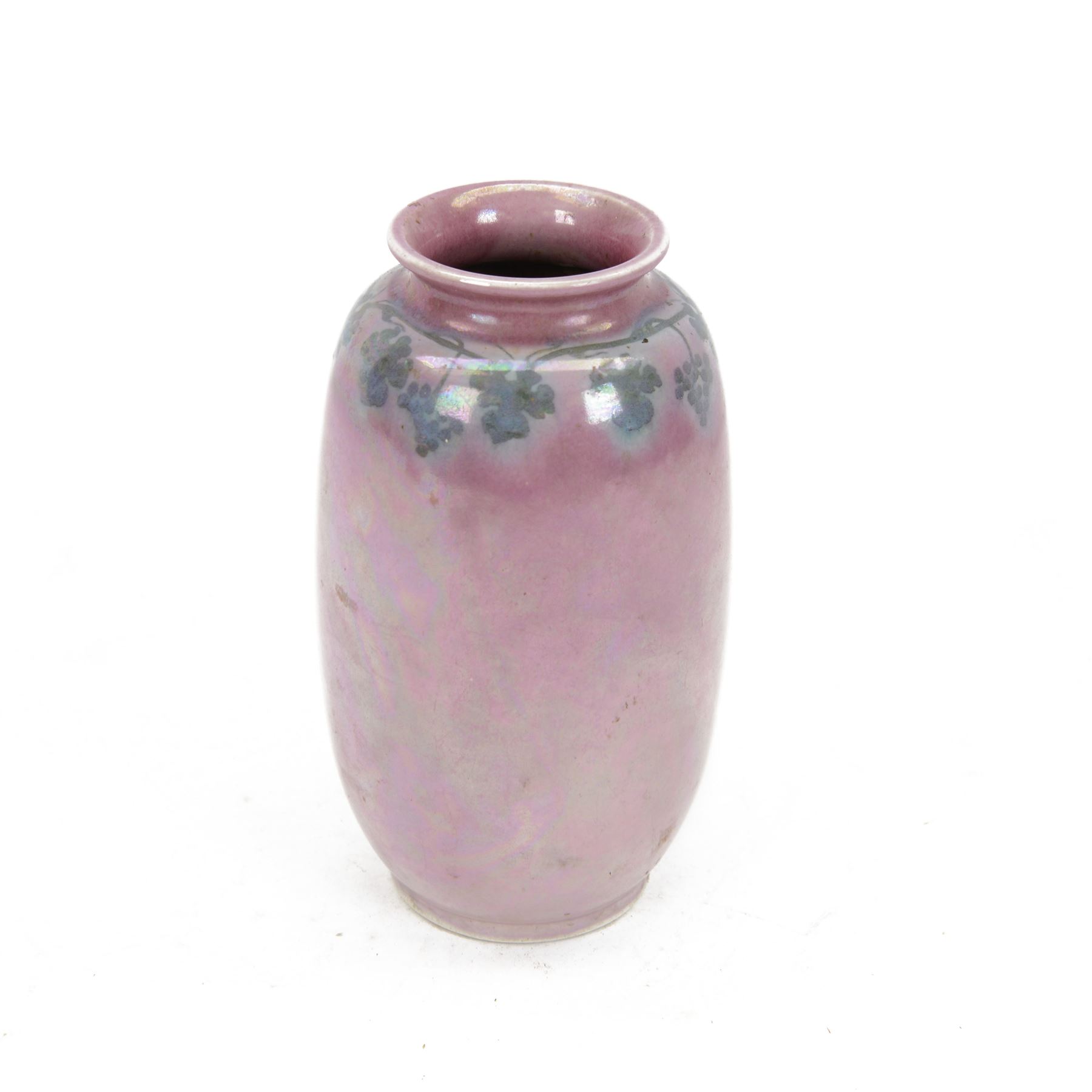 Ruskin Pottery vase, of baluster form, with blue vine decoration upon a pale pink lustre ground, with impressed mark beneath, H19cm