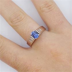 White gold sapphire and diamond ring, single stone radiant cut sapphire of approx 0.65 carat, with two baguette cut diamonds set either side, hallmarked 9ct