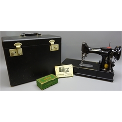  Vintage Singer Featherweight portable electric Sewing machine Model No.222k, with accessories booklet and foot pedal, in original black case  
