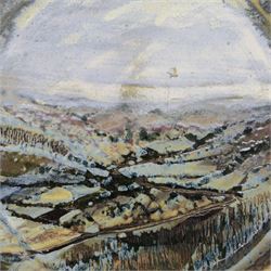 John Egerton (c1945-2024): studio pottery charger, decorated with a moorland view D32cm