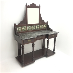  Late Victorian inverted breakfront marble top washstand, raised mirror and tiled back, three drawers, turned and reeded supports joined by solid undertier, W122cm, H158cm, D51cm  