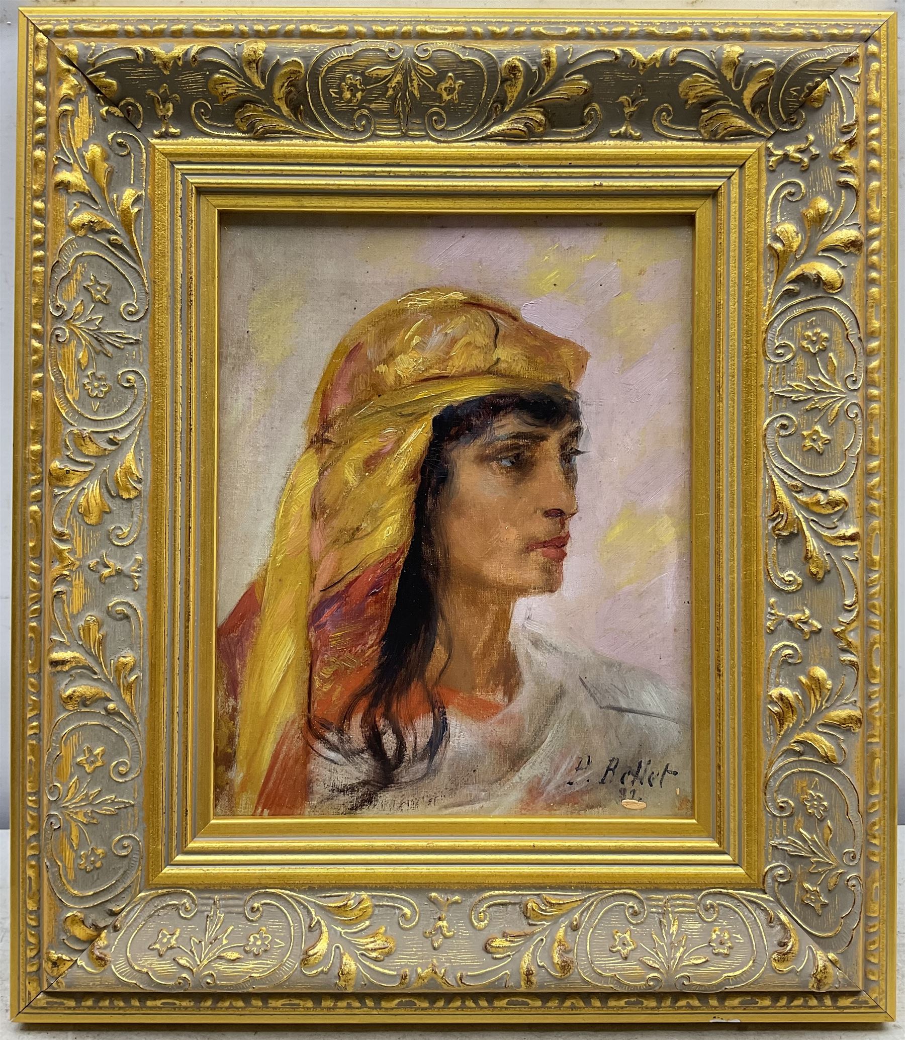 Pierre Auguste Bellet (Romanian/French 1865-1924): Young Lady with Headscarf, oil on canvas signed and indistinctly dated 23cm x 19cm
