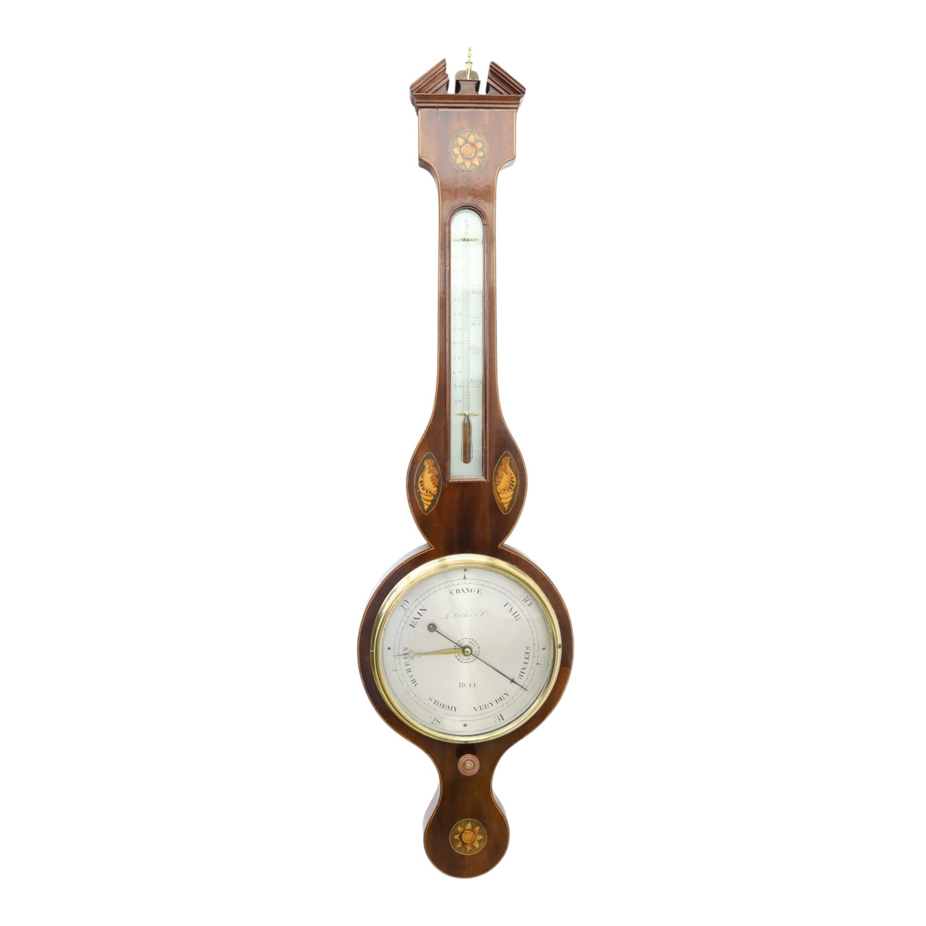 L. Solcha & Co. of Hull - 19th century Sheraton Revival mahogany wheel barometer, the swan neck pediment above a floral inlaid medallion and thermometer, with further shell inlay flanking the stem, the circular silvered dial above a shaped terminal, H 99cm