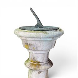 Composition stone sundial, square top with bulb pedestal, raised stepped plinth, lead dial with Roman numerals depicting 'Grow Old Along with me, the best is yet to be'