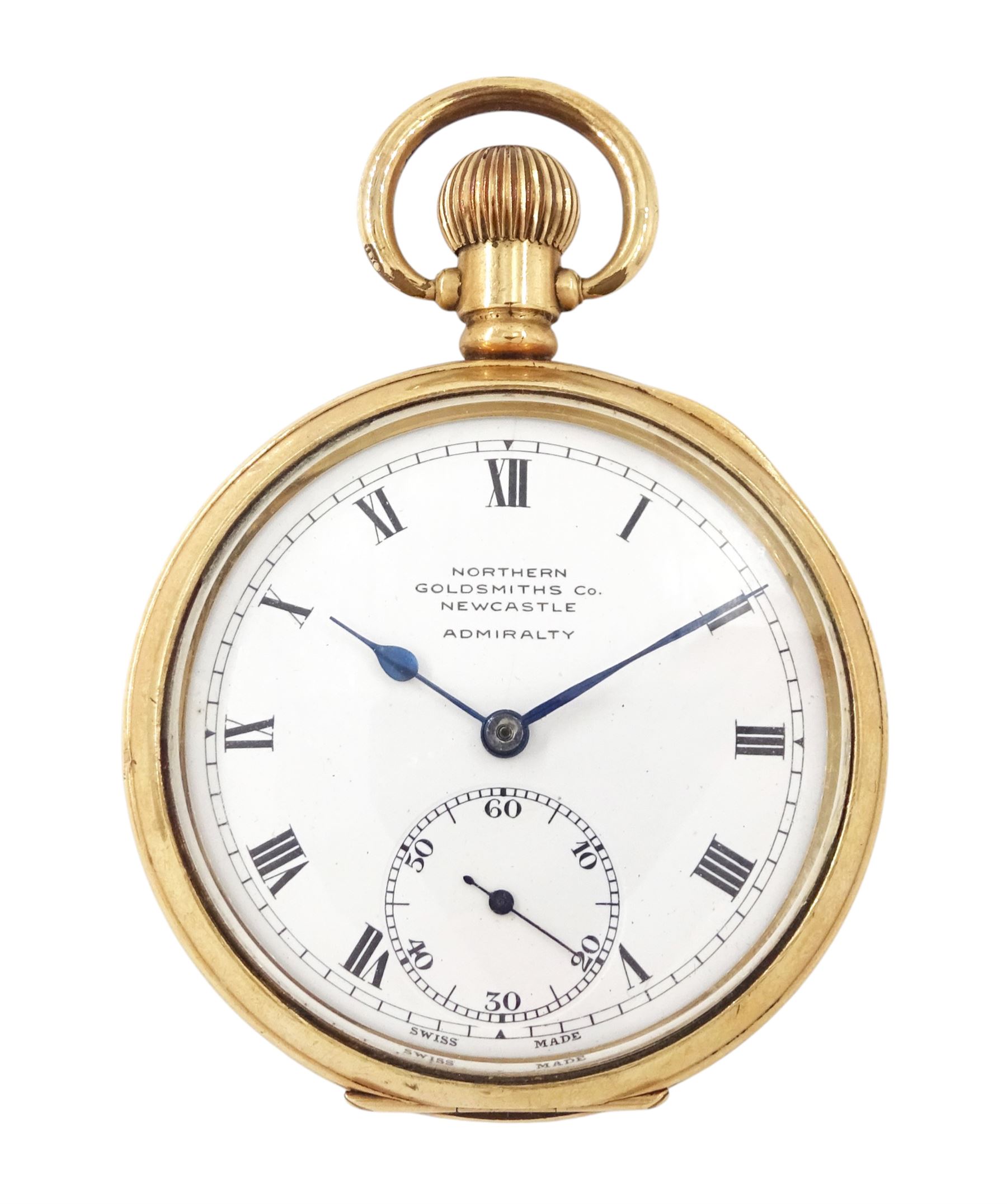 Early 20th century gold-plated open face Admiralty keyless Swiss lever pocket watch by Northern Goldsmiths Co, Newcastle, white enamel dial with Roman numeral hour markers and subsidiary seconds dial, case by Dennison