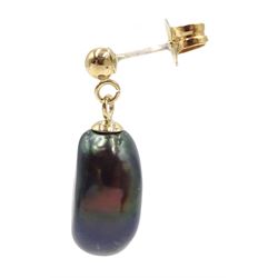 Pair of 9ct gold black pearl pendant stud earrings, stamped 375