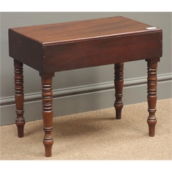  Early 19th century mahogany commode stool, dovetailed lid, four turned supports, white porcelin pan 'WEDGEWOOD 13', W52cm, H45cm, D32cm  