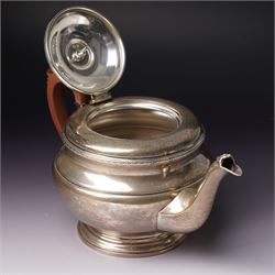 Silver circular teapot with stained wood handle and lift Birmingham 1933 Maker Adie Bros. Ltd