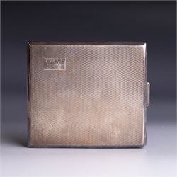 Mid 20th century silver cigarette case, with engine turned decoration and engraved initial...