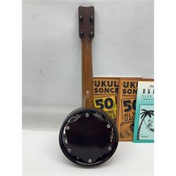 W.D. Keech banjolele pat.219720/23 with etched signature to the back; serial no.A12082 L55cm; and a restored Italian mandolin with segmented lute back; together with three music books