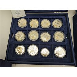 Large collection of modern commemorative coins, mostly being silver proof, including Queen Elizabeth II Bailiwick of Guernsey 1999 'Sir Winston Churchill' one pound, 2000 'HM Queen Elizabeth The Queen Mother', various sterling silver proof coins from the 'Golden Wedding Anniversary Silver Collection' including Bailiwick of Guernsey 1997 five pounds, Bermuda 1997 two dollars, Republic of Malawi 1997 five kwacha, Falkland Islands 1997 five pounds, Bailiwick of Jersey 1997 five pounds, Alderney 1997 two pounds etc, various sterling silver proof and portrait highlighted in gold coins from the 'Golden Jubilee Collection' including Cayman Islands 2002 two dollars, Bailiwick of Guernsey 2003 five pounds etc, housed in various coin displays or cases, mostly with certificates