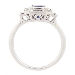 Platinum sapphire and diamond ring, single octagonal cut sapphire of approx 1.15 carat, flanked by two baguette cut diamonds and milgrain set round brilliant cut diamond surround, hallmarked, total diamond weight approx 0.35 carat