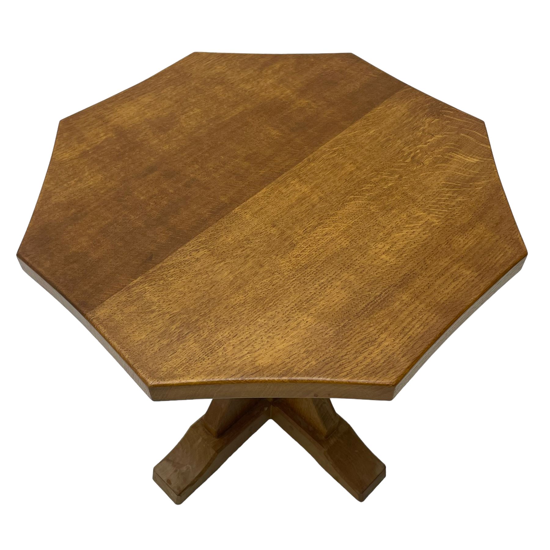 Mouseman - oak occasional table, octagonal adzed top on cruciform base with sledge feet, carved with mouse signature, by the workshop of Robert Thompson, Kilburn 