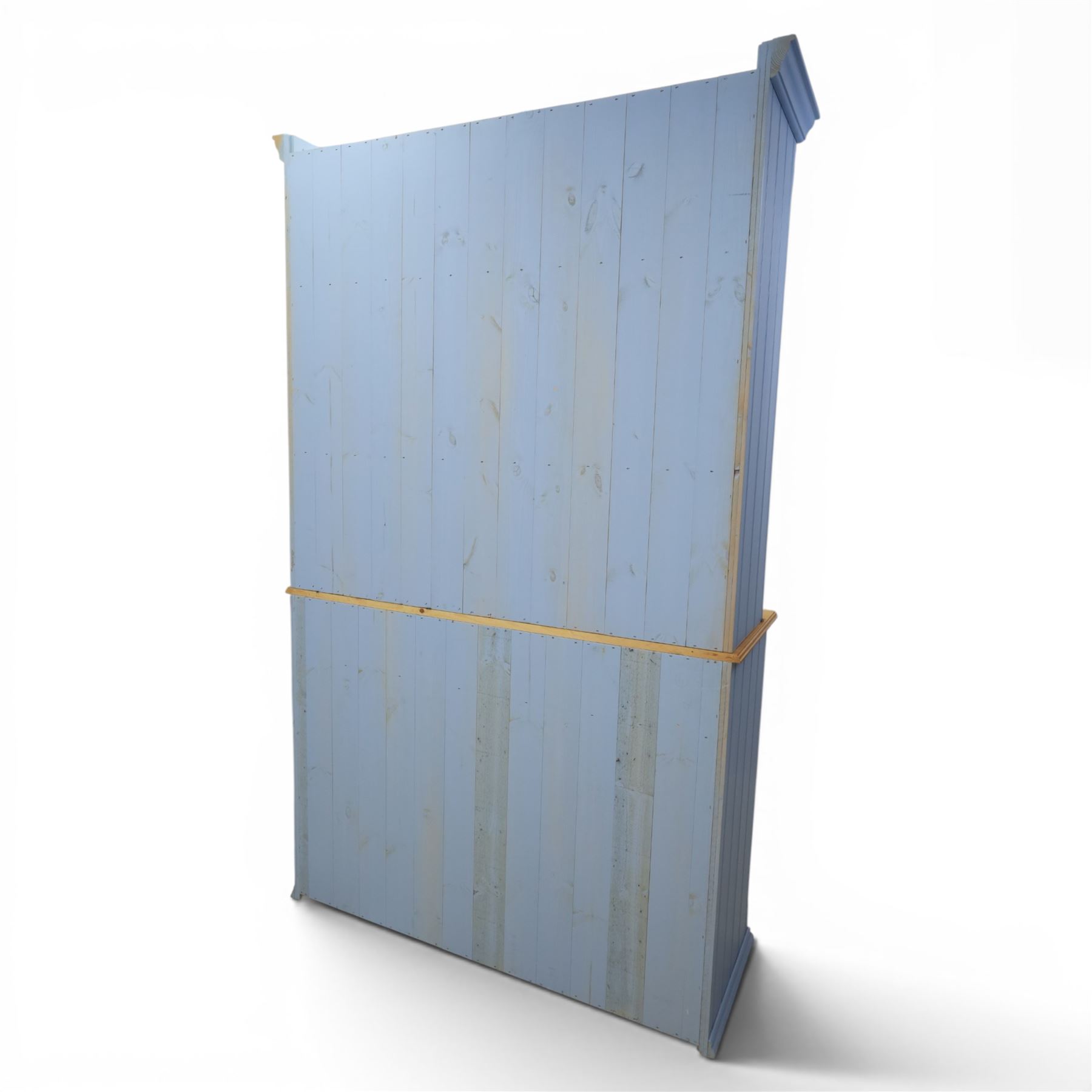 Pine blue painted dresser, upper section with tongue and grove back, two shelves with three short drawers, above a base with soft close short drawers, and three cupboard doors, raised on a moulded plinth base