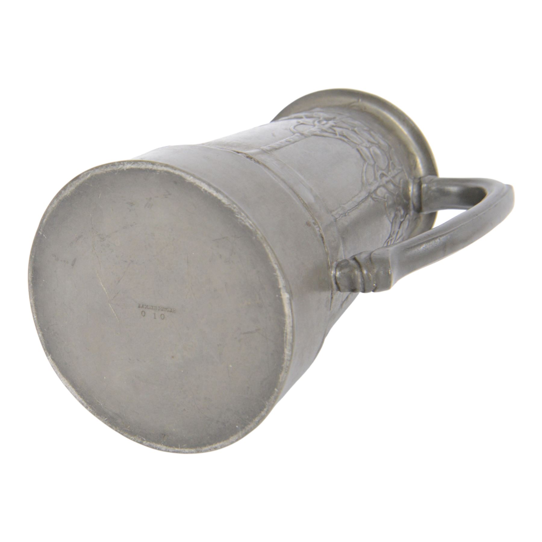 David Veasey for Liberty & Co pewter twin handled loving cup, decorated with honesty tree and embossed with the words 'For Old Times Sake', impressed beneath English Pewter 010