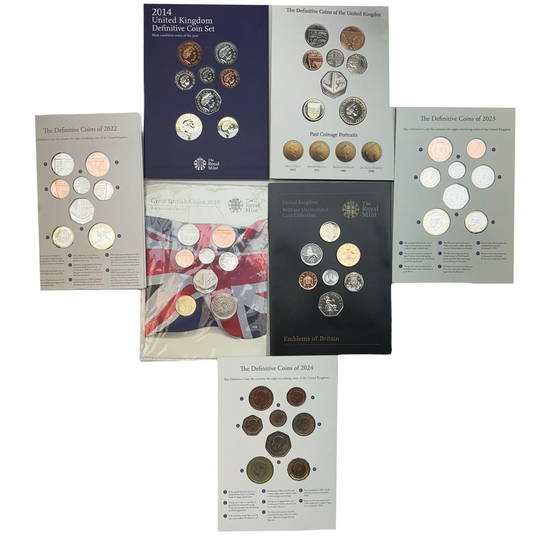 Seven The Royal Mint United Kingdom uncirculated coin sets, comprising  2008 'Emblems of Britain' seven coins, 2010 'A celebration of Britain' eight coins, 2014 'Definitive' eight coins, 2015 'The Fourth Circulating Coinage Portrait Final Edition' eight coins, 2022 'Definitive' eight coins, 2023 'King Charles III Definitives' eight coins and 2024 'Definitive' eight coins, all in card folders