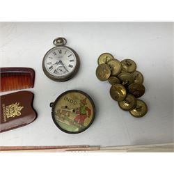 Quantity of Kings Crown and Flying Eagle WW2 era RAF uniform brass buttons, German INDU optical trick mechanical toy (lacking head) Smiths pocket watch, two cased crown coins, ephemera etc