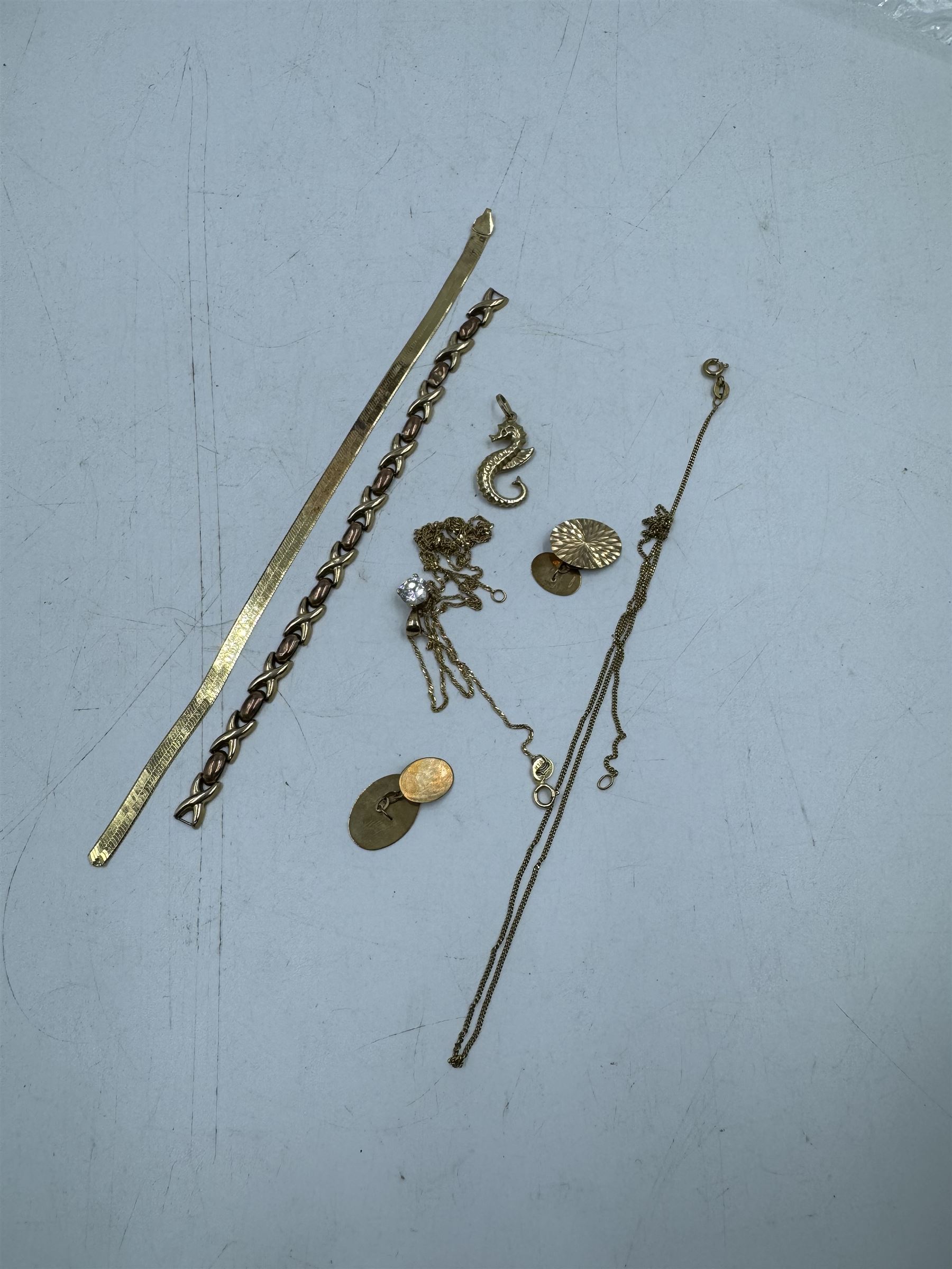 14ct gold bracelet links and a 14ct gold chain, together with 9ct gold jewellery, to include pair of cufflinks, bracelet, seahorse charm, chains and a cubic zirconia pendant 