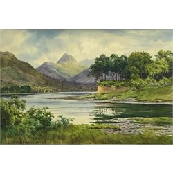 Edward H Thompson (British 1879-1949) 'June - Derwentwater and Causey Pike from Broomhill Point, watercolour signed and dated 1922, titled on artist's studio label verso 20cm x 30cm