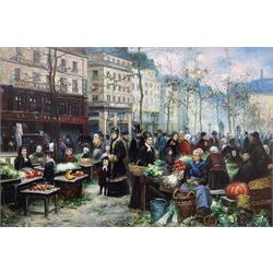 E R Brett (Continental 20th century): French Market Scene, oil on canvas signed 60cm x 90cm in heavy ornate gilt frame
