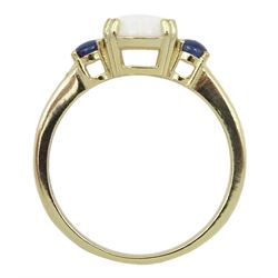 Silver-gilt three stone opal and sapphire ring, stamped 925