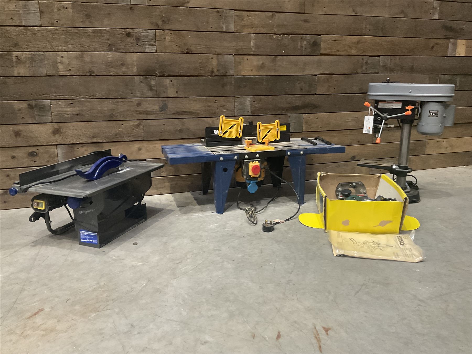 Terratek pillar drill, Wolf router with table, Bosch router and an Energer table saw