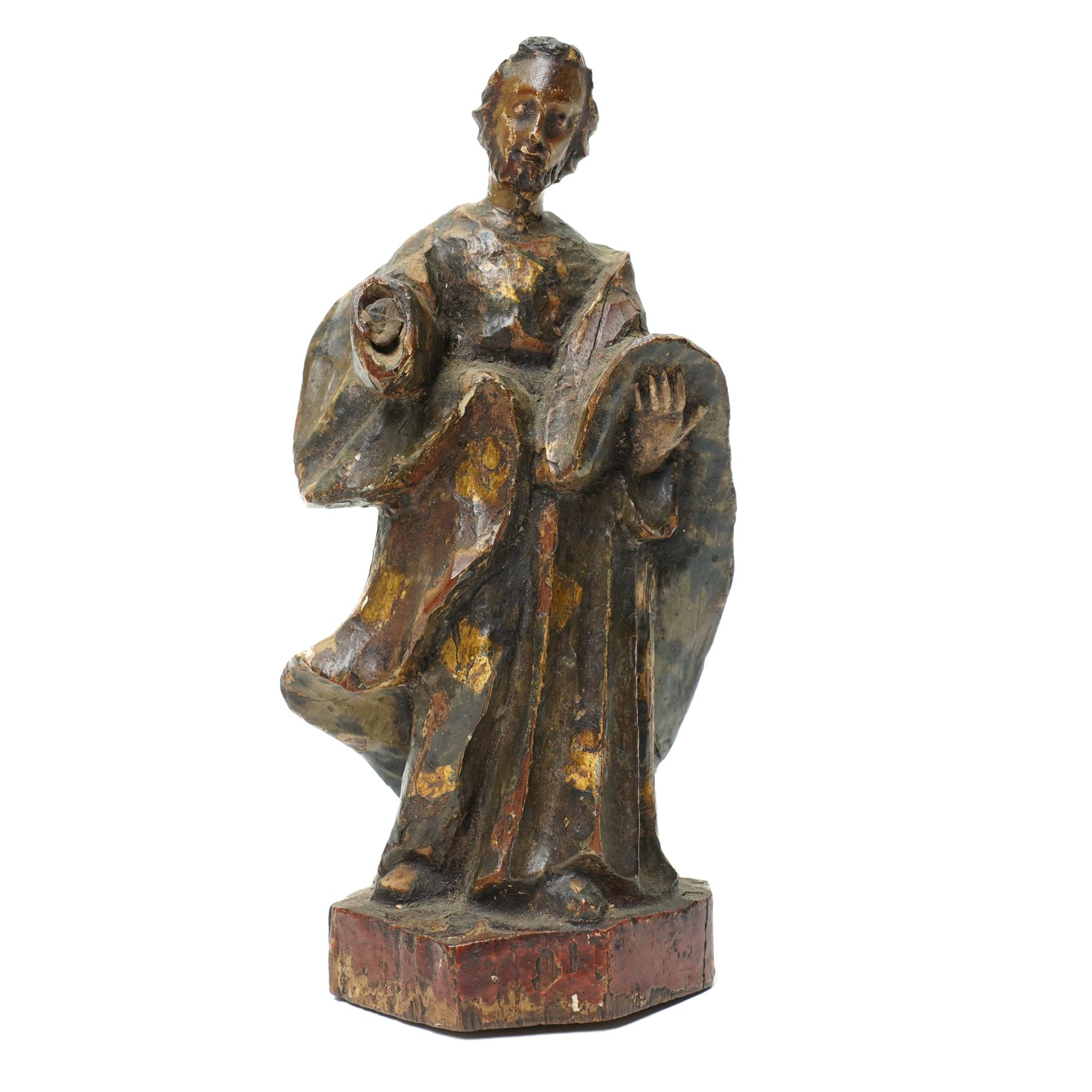 Italian olive wood plaque carved with a manger scene D13cm, continental silver plated processional finial formed as BVM and child and an Italian carved polychrome figure of a saint H15cm (3)