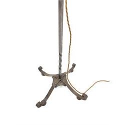 Wrought metal standard lamp, single cantilever adjustable branch on twist column with finial, out splayed supports with scroll terminals, H130cm