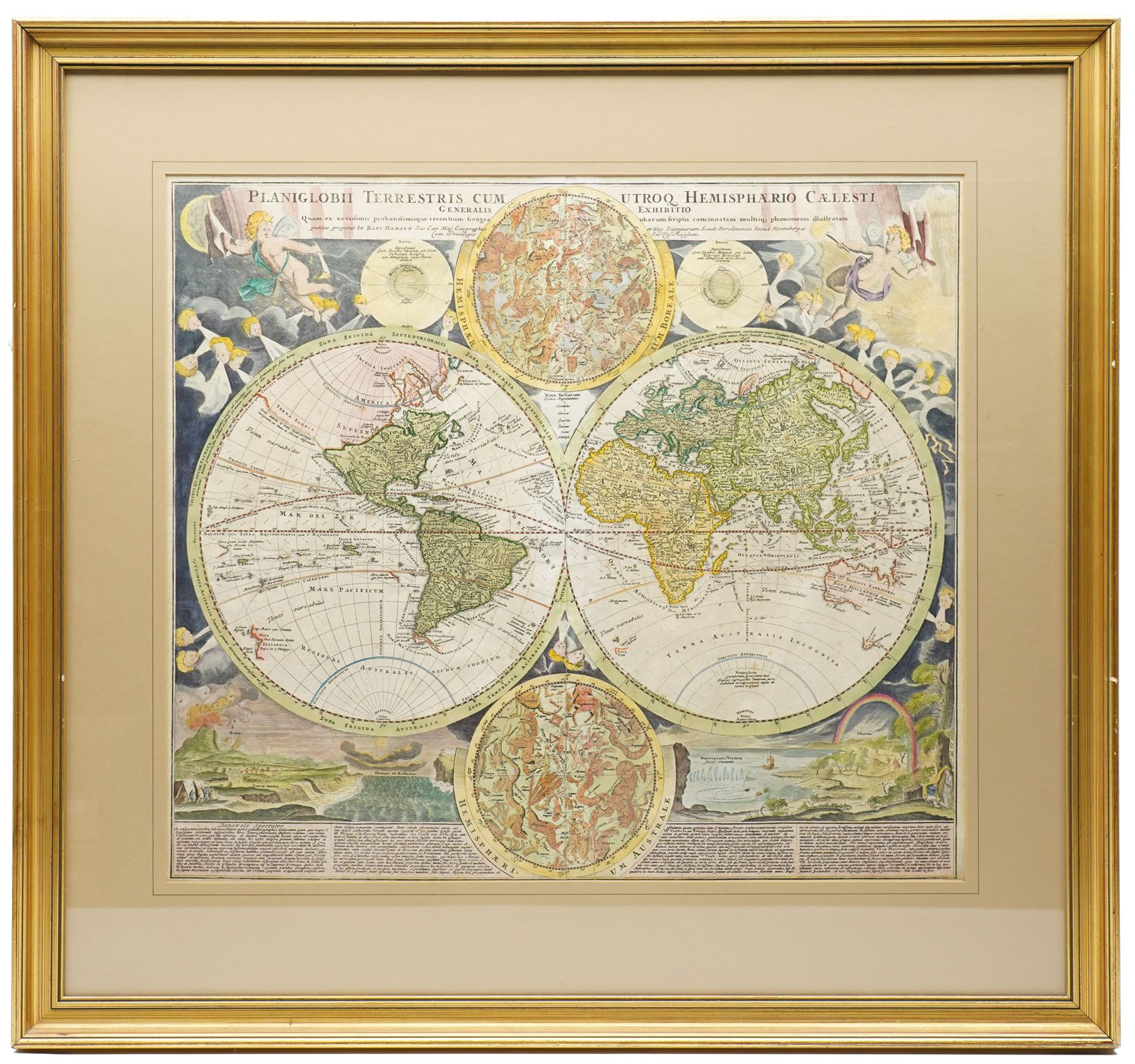 Johann Baptist Homann (German 1664-1724): 'Planiglobii Terrestris cum utroq Hemisphaerio Caelesti Generalis Exhibitio', early 18th century engraved double hemisphere world map with hand-colouring with double hemisphere celestial charts and scenes of natural phenomenon pub. Nuremberg c.1720, 48cm x 54cm