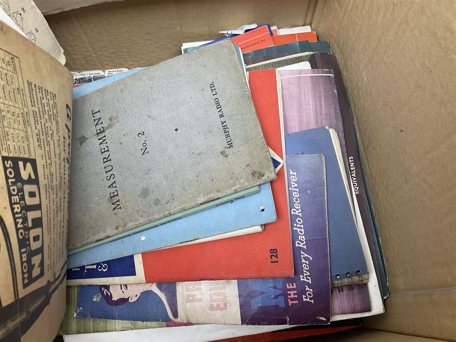 Collection of early to mid 20th century magazines, books and ephemera relating to radio and television repair and valves, including price lists, catalogues, service manuals, 1950s and 1960s Practical Wireless, Practical Television and The Radio Constructer magazines, etc as per lists
