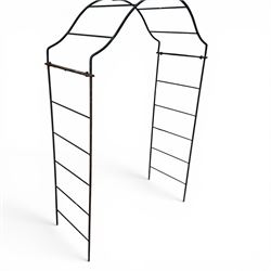 Antique wrought iron strapwork garden arch, with scroll form arched top with spearhead finials, over integral side trellis panels, in distressed black-painted finish