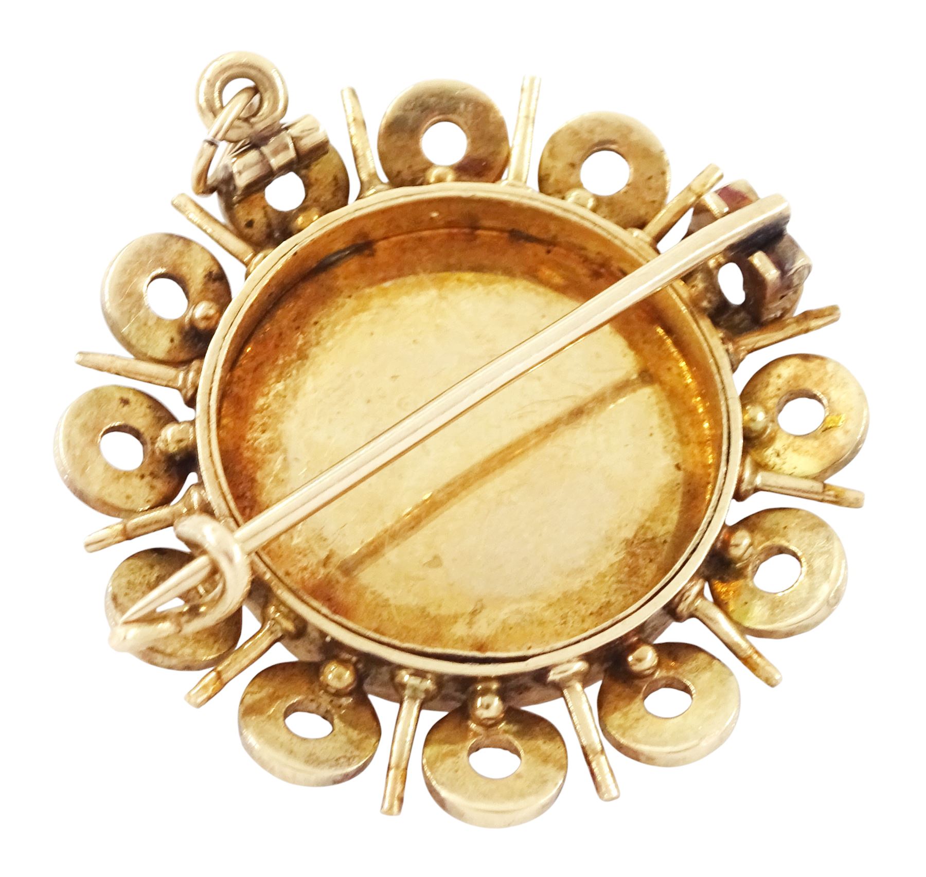 19th century gold turquoise portrait brooch / pendant, set with a circular portrait of a woman in 18th century dress on ivory, under a glazed panel, within an alternating surround of turquoise set hoops and gold spokes. This lot has been registered for sale under Section 10 of the APHA Ivory Act