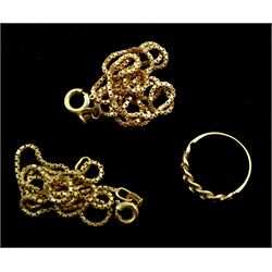Two gold box link chain necklace's and a rose gold link ring, all 9ct hallmarked or tested, approx 8.4gm