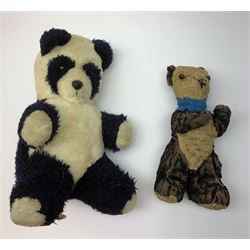 Four English panda bears including 1930s night-dress case, probably Merrythought, with wool plush body and velvet paw pads H17