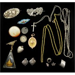 Collection of Victorian and later jewellery including 9ct rose gold 'charity cup' football fob, 9ct gold necklace, silver jewellery including Ruskin pottery brooch, two Victorian brooches, cross pendant necklace etc